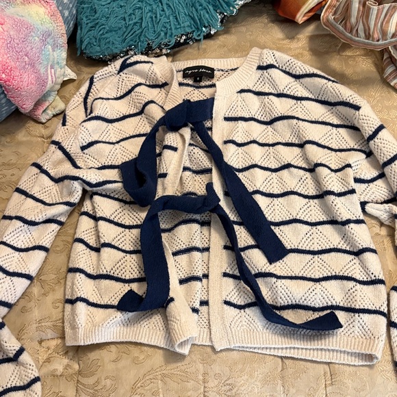 Agua Bendita White & Navy Striped Tie-Front Cardigan - Picture 2 of 3